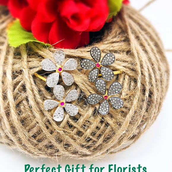 Sale! Oxidized Diamond Double Flower Knuckle to Knuckle Ring w/Ruby Center, NWT - Picture 6 of 8